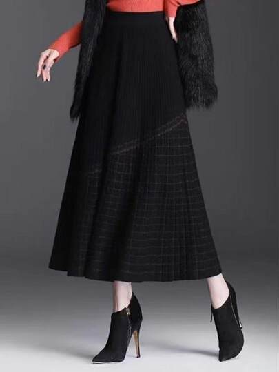 Knitted Plaid Skirt for Women, New Autumn and Winter High-Waisted Mid-Length A-Line Skirt, Thickened, Slimming, Large Hem, Sun Protection Sleeves