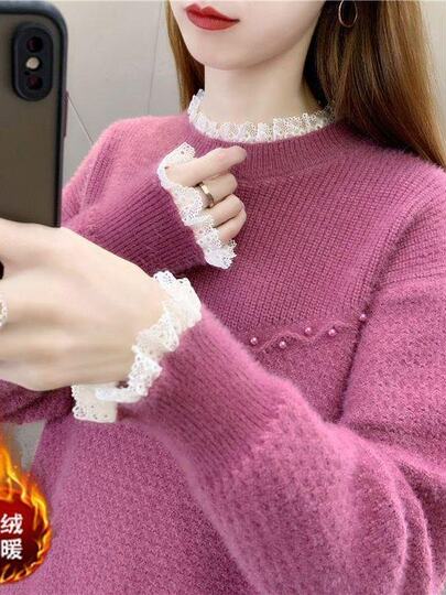 New Autumn and Winter Style Half-Turtleneck Fleece-Lined Thick Sweater for Women, Lace Splicing Base Shirt, Loose Fit with Knee Protection Health Ring