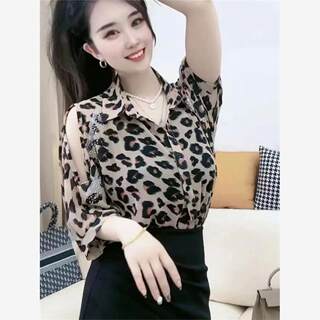 Hollow Off-Shoulder Hot Diamond Leopard Print Chiffon Shirt 2024 Summer New Design Mid-Sleeve Sun Protection Veil Mask