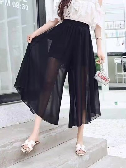 [With Pockets]New Double-Layer Thin Chiffon Skirt Pants for Women, Spring/Summer High-Waisted, Flowy, Loose, Slimming Wide-Leg Pants