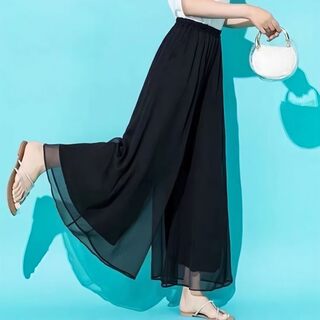 [With Pockets]New Double-Layer Thin Chiffon Skirt Pants for Women, Spring/Summer High-Waisted, Flowy, Loose, Slimming Wide-Leg Pants