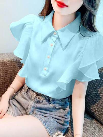 Ruffled flying sleeves lapel shirt women's summer 2025 new design niche chic sun protection sleeves