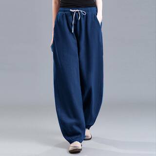 Cotton and Linen Drapey Lantern Pants for Women, Spring and Summer Vintage Loose Wide-Leg Casual Carrot Pants, High-Waisted Linen Pocket Pants