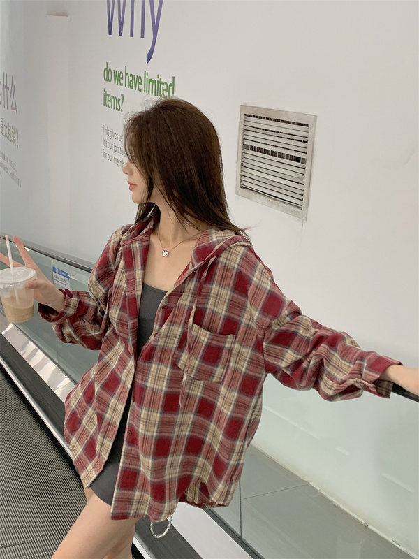 Hong Kong Style Oversized Loose Long-Sleeved Plaid Hooded Shirt for Women 2026 Early Autumn Mid-Length Hoodie Thin Jacket