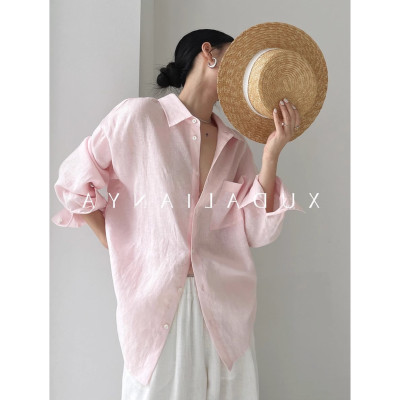 Summer Korean-Style Pink Sun-Protective Shirt for Women, Loose and Casual Linen Shirt with a Sense of Design, Lightweight and Breathable Top Jacket Summer Korean-Style Pink Sun-Protective Shirt for Women, Loose and Casual Linen Shirt with a Sense of Design, Lightweight and Breathable Top Jacket
