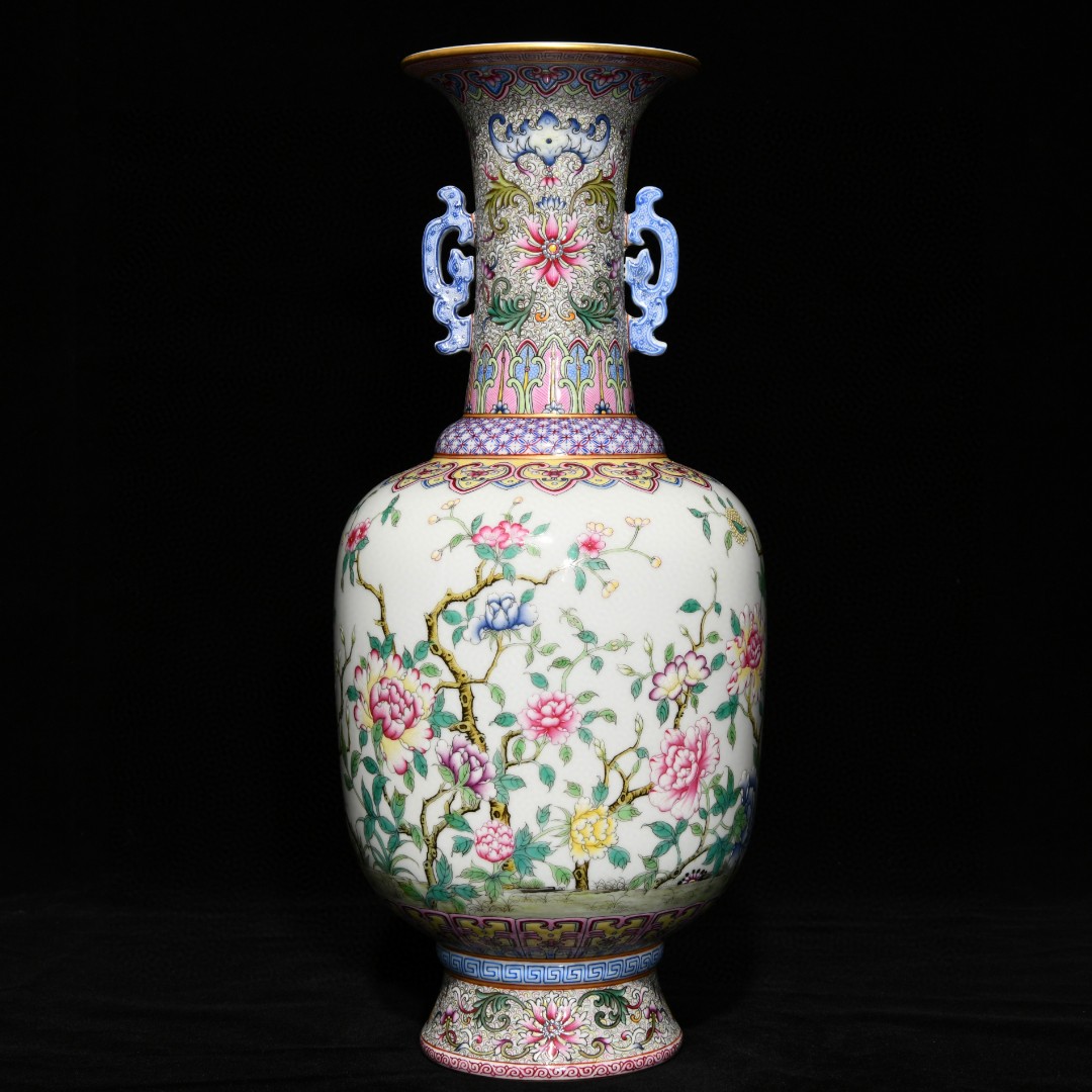 中国古玩　大清乾隆年製　扁壺　粉彩花鳥図双龍耳　花瓶 中国古玩 大清乾隆年製 扁壺 粉彩花鳥図双龍耳 花瓶