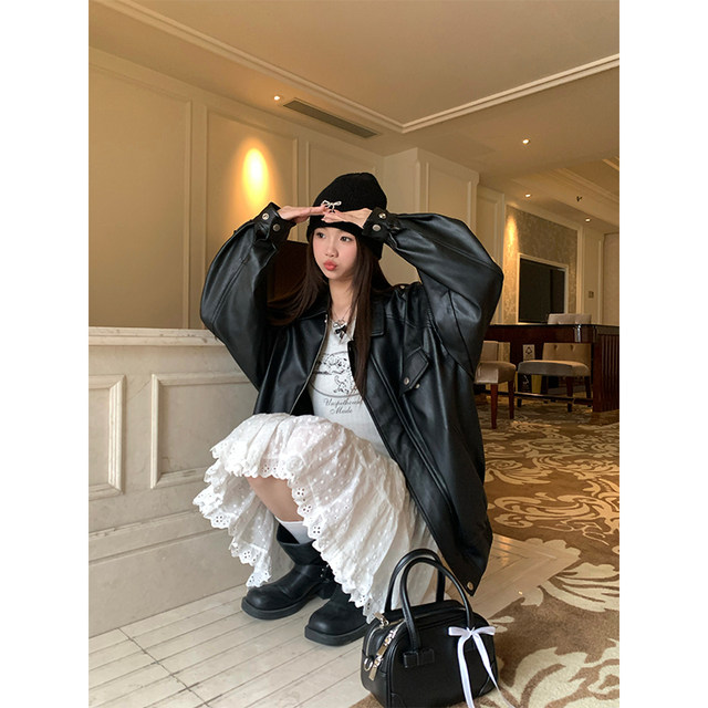 CCKOK bow embroidered pu black leather jacket 2024 spring new style high-end chic motor style short coat for women