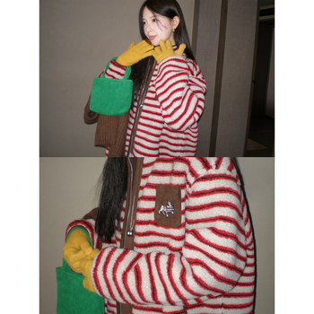 Cckok 1208/20:00 Vintage Red Khaki Striped Lamb Wool Baseball Jacket
