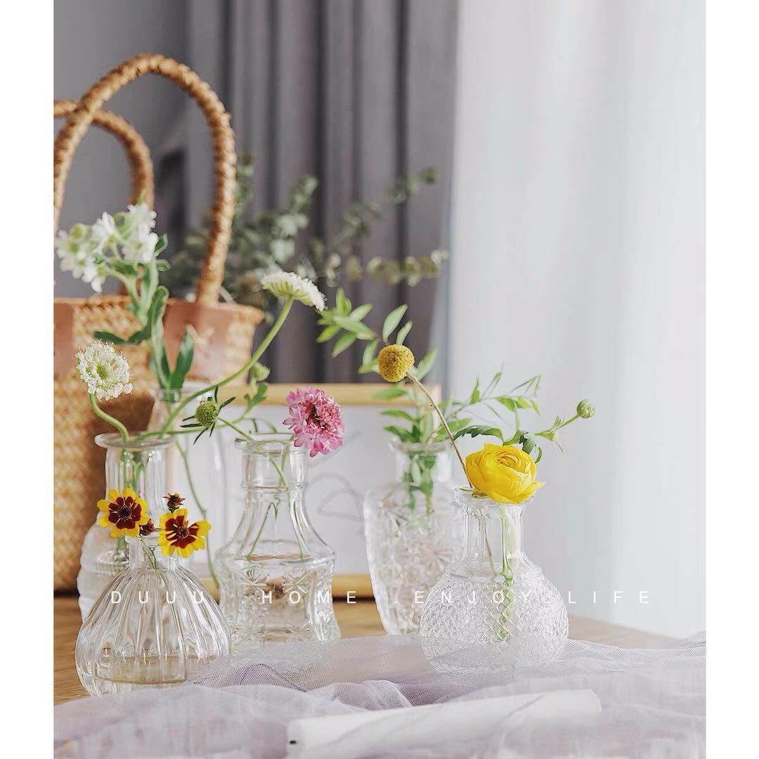 Renaissance glass vase transparent Madrid relief flower flower vase small fresh fitting photography props