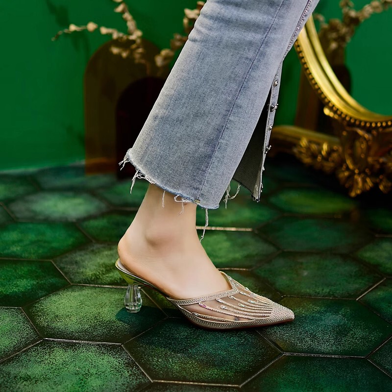 Mesh Rhinestone Toe-Cap Slippers for Women, Mid-Heel, Elegant and Gentle Shoes, 2025 Summer New Fashion Pointed-Toe High Heels Mesh Rhinestone Toe-Cap Slippers for Women, Mid-Heel, Elegant and Gentle Shoes, 2025 Summer New Fashion Pointed-Toe High Heels