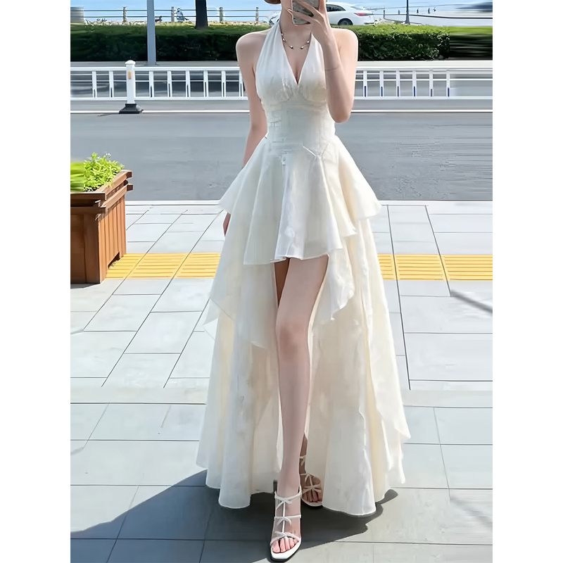 French-Style Vacation Waist-Cinching Dress for Women, Summer Mesh Jacquard Elegant Halter Neck Beach Dress, Atmospheric White Long Dress