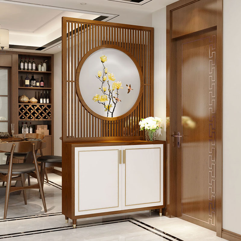 New Chinese solid wood seal closed screen partition room entry door partition embroidered double face screen cabinet shoe cabinet