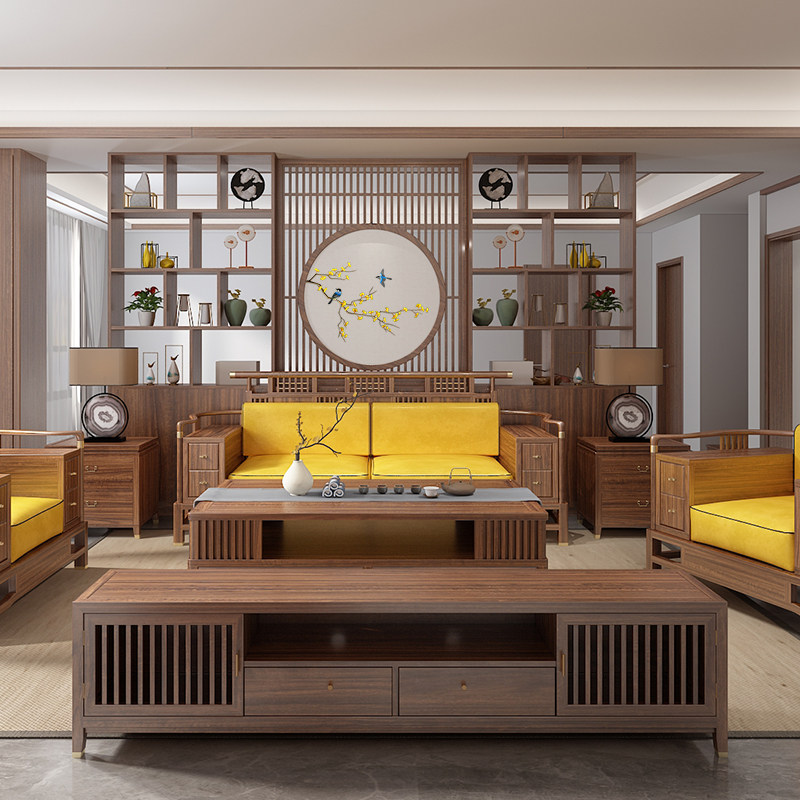 New Chinese solid wood sofa Modern Living room Ukkim Composition Villa Zen with light and luxurious screen furniture