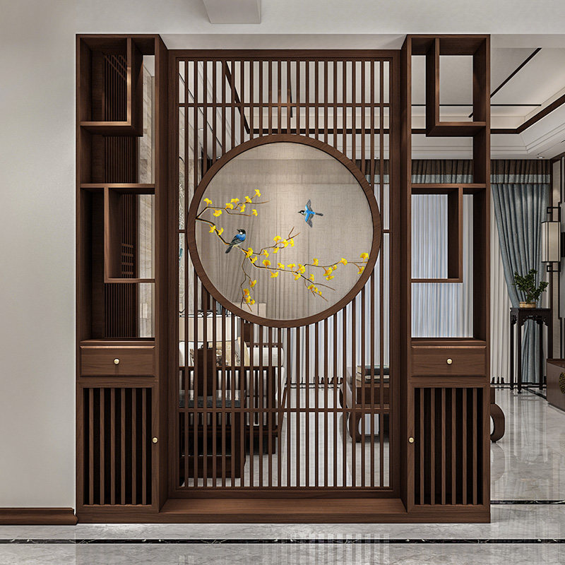 Embroidered new Chinese-style living room shelf screen ash wood porch partition entry Chinese-style decorative cabinet double-sided cover