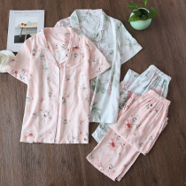 Summer ladies pajamas suit printed artificial cotton stretches loose and comfortable casual outwear short sleeve long pants sweet and nice