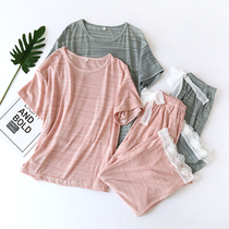 Cool Summer short sleeves Seven Pants Casual Elastin PYJAMAS PYJAMAS THREAD PIT STRIPS VEGETARIAN COLOR MINIMALIST SUIT LADY