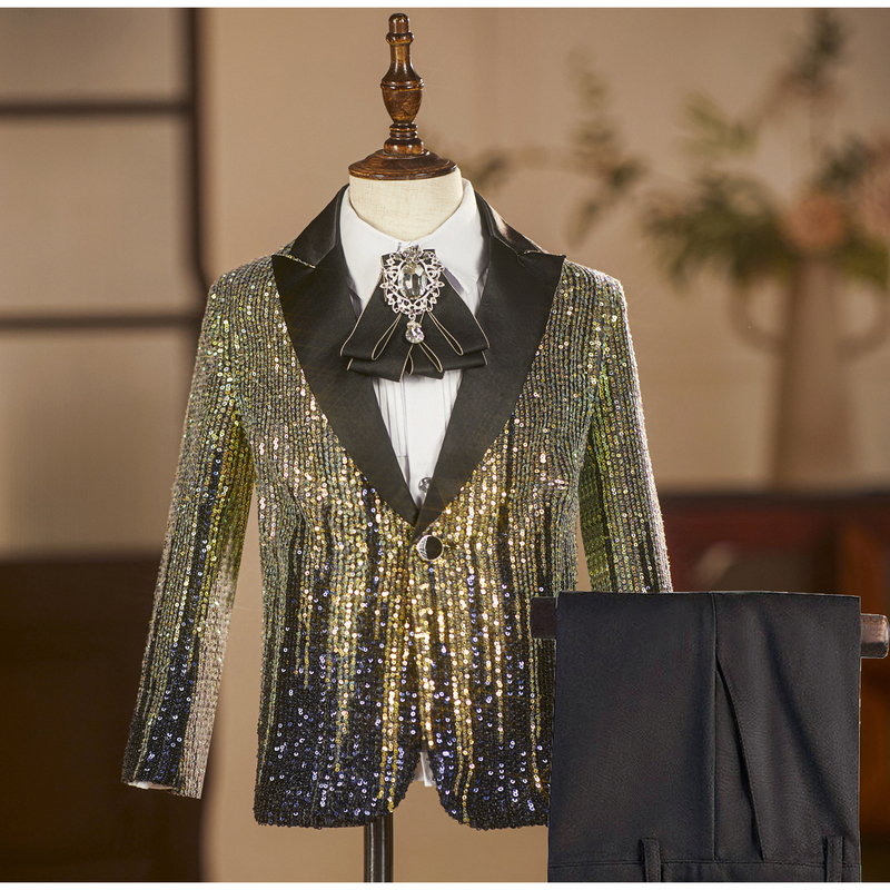 Boys' Colorful Sequin Suit Set, Flower Boy Formal Wear, Piano Performance, Stylish Children's Runway Model Suit