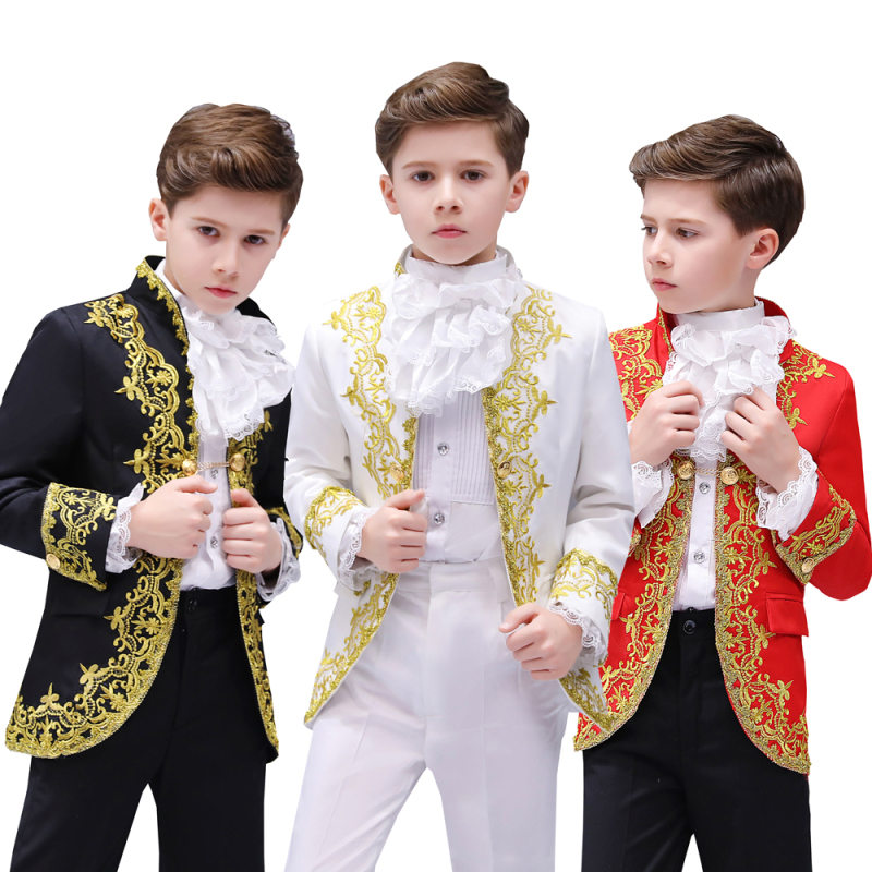 Children's June 1St European Court-Style Performance Costume, Black, White, and Red with Gold Floral Embellishments, Stage Prince Charming Performance Dress
