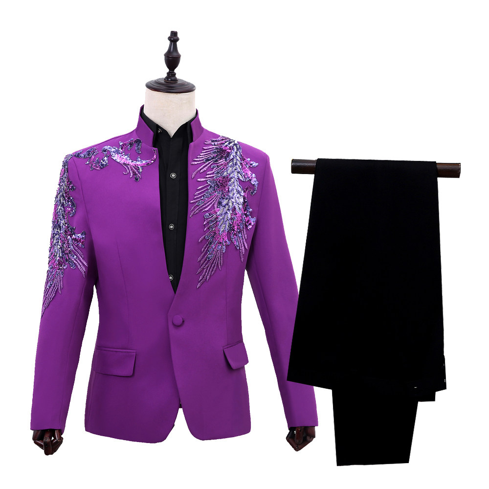 Men's stand-up collar inlaid flower sequined suit host performance costume long-sleeved suit stage singer suit photo dress