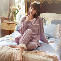 Mrs. Thly Sleepwear Woman Spring Autumn Pure Cotton Long Sleeve 2021 New Purple Princess Wind Sweetness Home Suit Suit