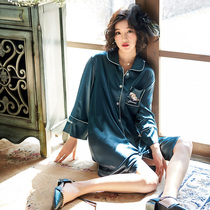 Nightdress female summer ice silk sexy can be worn outside summer loose shirt Net red with retro green pajamas dress