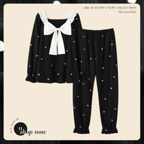 Mrs. Silie Sleeping Spring and Autumn Style Womens pure cotton long sleeve French style square collar butterfly knot black polo dot fashion home clothes