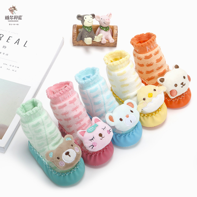 New spring and autumn cartoon baby shoes and socks non-slip leather bottom children's floor socks terry warm baby socks 0-3