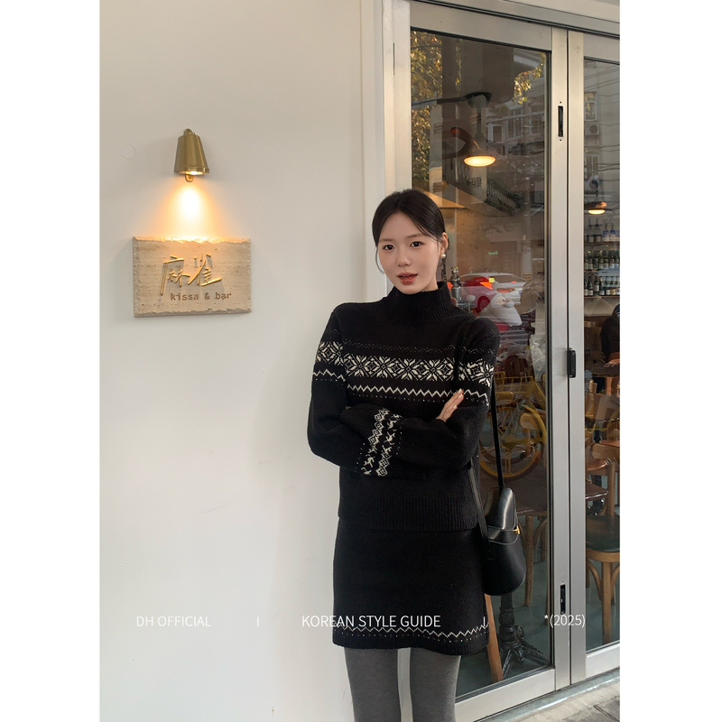 Dhu Big Flower [Christmas Teaser] Fair Isle Christmas Vibe Half-Turtleneck Sweater Set Dress
