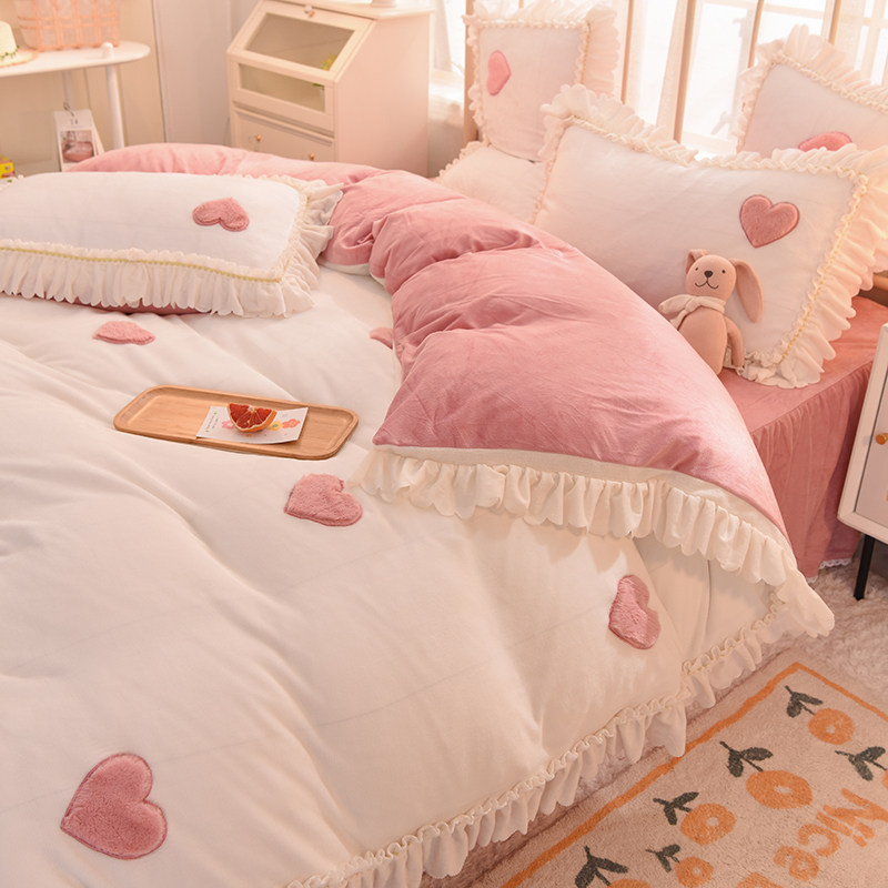 Thickened milk velvet four-piece winter warm coral velvet bed skirt double-sided plus velvet quilt cover flannel princess style