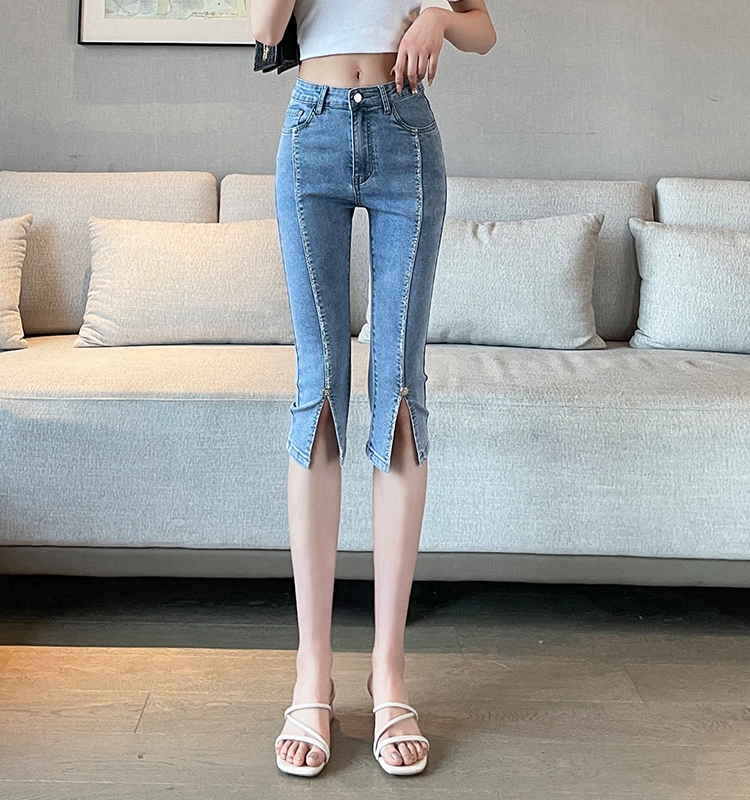 Thin Slit Denim Capri Pants for Women, New Summer High-Waisted Slim Fit Petite Stretchy Pencil Pants for Ladies