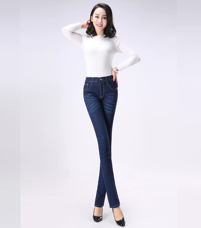 Mùa xuân 2018 mới quần jeans ống đứng thẳng nữ quần cạp cao cạp cao cho mẹ trung niên size lớn Quần co giãn thời trang nữ 2021