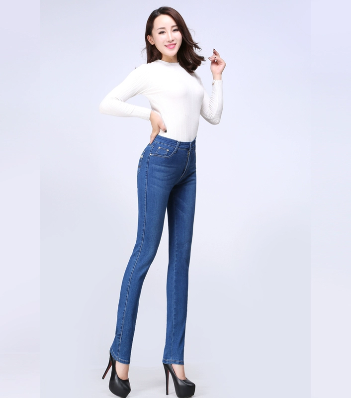 Mùa xuân 2018 mới quần jeans ống đứng thẳng nữ quần cạp cao cạp cao cho mẹ trung niên size lớn Quần co giãn thời trang nữ 2021