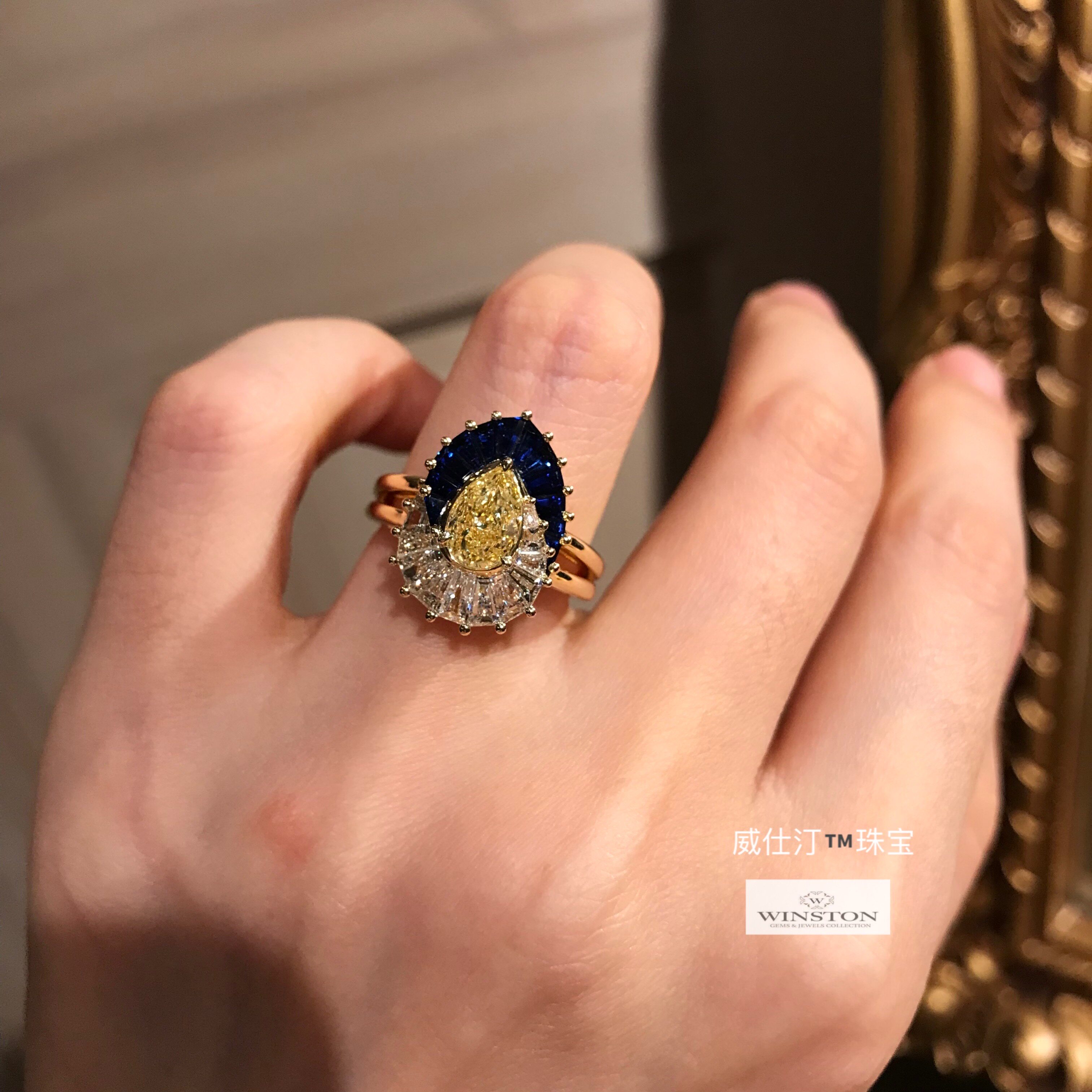 A special inlaid ring for high - fixed atmosphere water drop colored yellow diamond sapphire