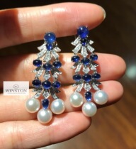 (Veichtine Jewelry) Royal Blue Sapphire Egg Face Studded Diamond 18k Platinum Akoya Pearl Earrings