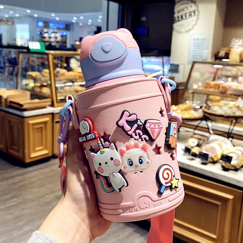 Creative Children's Insulation Cup with straw dual use pupils portable cross-kettle network red girl cute water cup