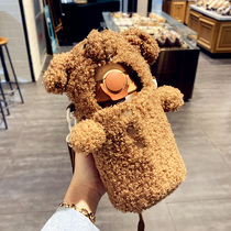 Net red student water glass with straw dual-use small Bear cup sleeve insulated cup Childrens kettle can be satchel with children cute