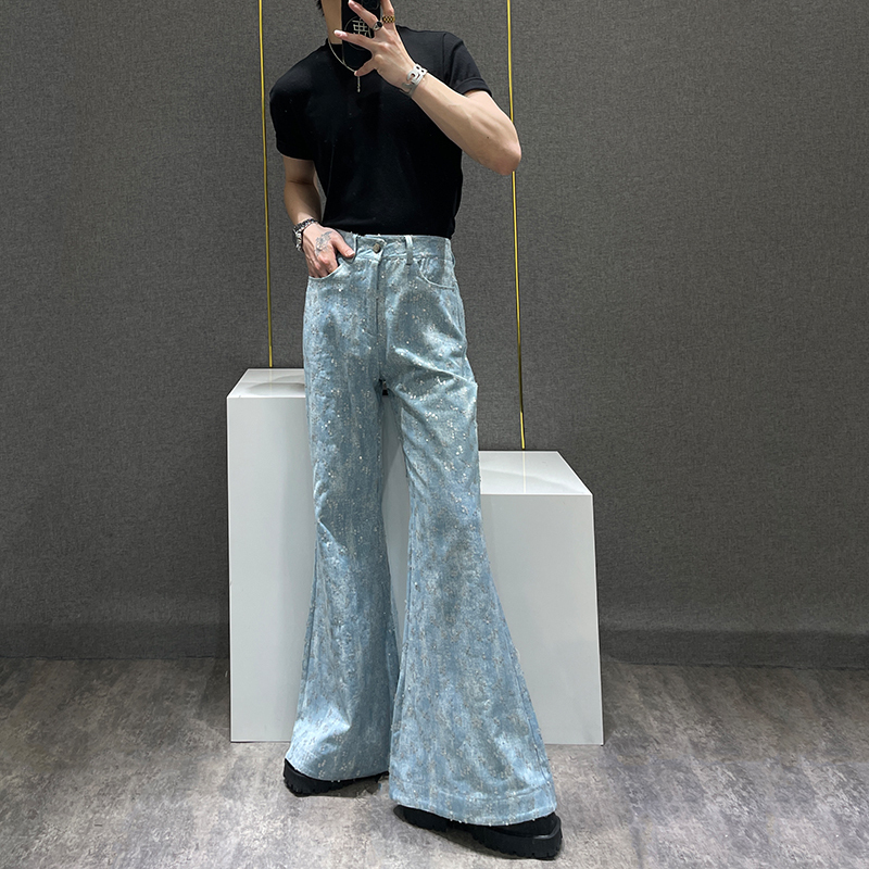 Lulul/ ins Fashionable Embroidered Sequin Design Loose Flared Denim Trousers for Men, Niche Casual Floor-Length Pants, Trendy