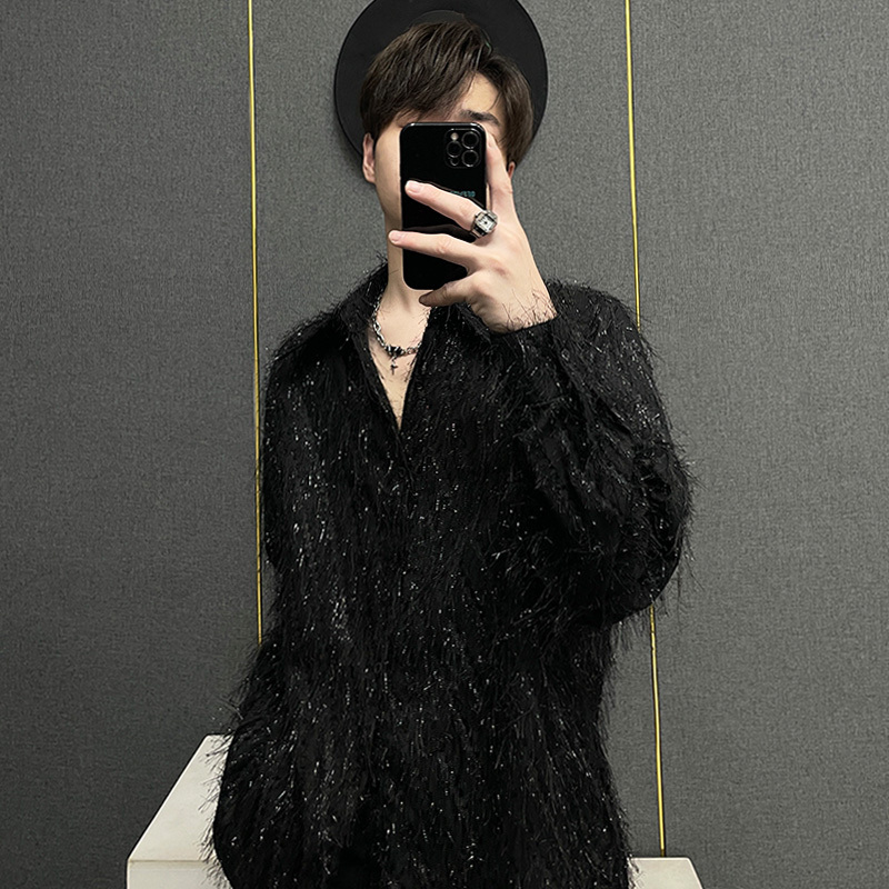 Niche High-End Shiny Long-Sleeved Shirt Jacket for Men, Spring Fashion Shiny Silk Tassel Loose Nightclub Shirt for Men