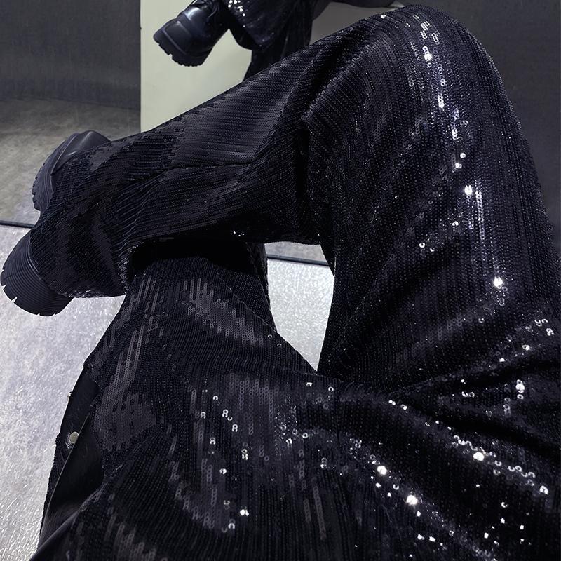 Niche Heavy-Duty Sequin Black Casual Pants for Men, 2024 Autumn New Style, Sparkling Stage Outfit, High-End Micro-Flared Pants
