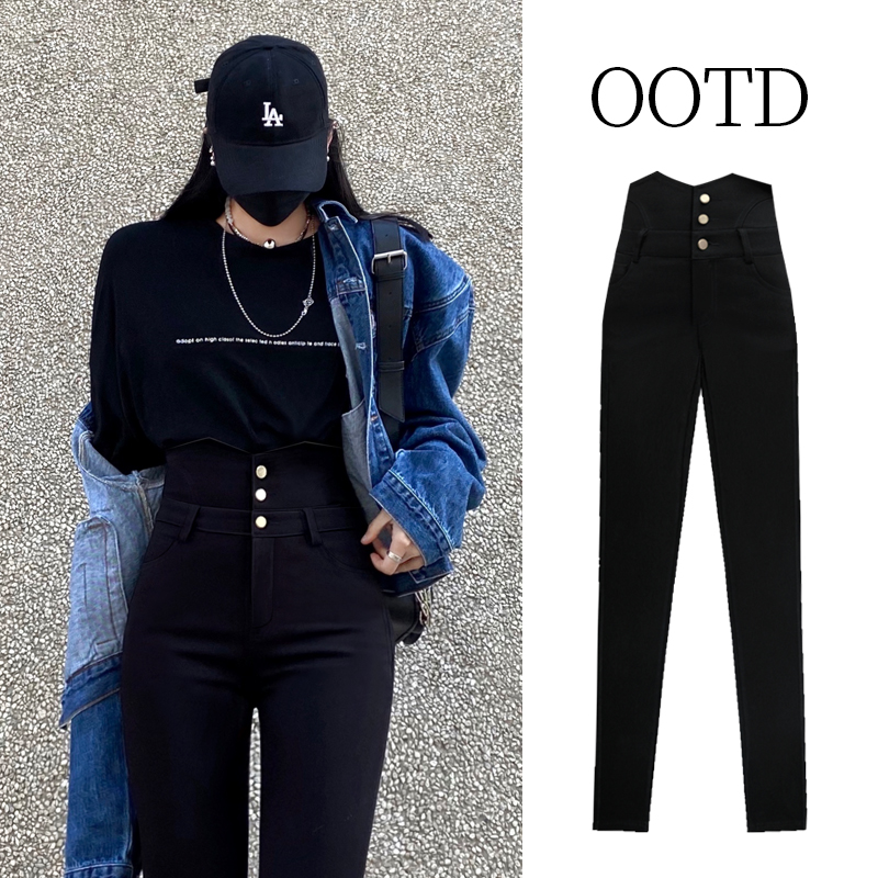 High Waist Inner Lap Pants Woman Outside Wearing Spring Autumn Summer New Black Small Feet Tight Fit Pencil Magic Petty Black Pants Thin