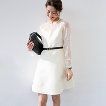 BEEWOOD Biwutong original design womens imported silk wool dress lace stitching A-line large swing skirt