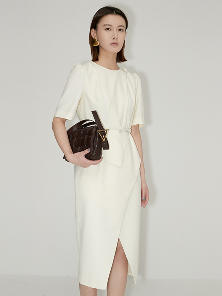 BEEWOOD Beutong original design women's dress round collar short sleeves irregular splicing open fork wrapping hip dress