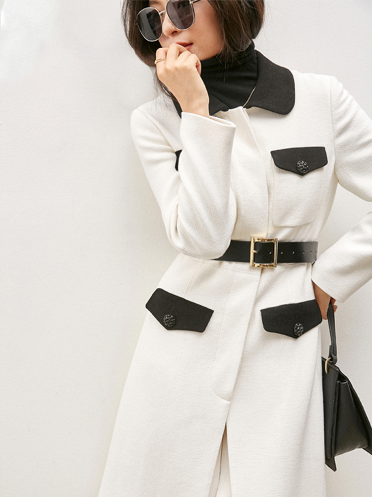 BEEWOOD blue Sycamore custom original unique design Australian wool stitching contrast color medium long windbreaker coat female