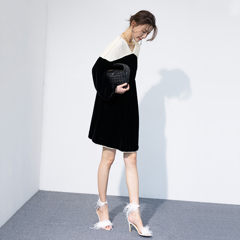 BEEWOOD original design female wear imported silk hand-pelled lace stitched dress