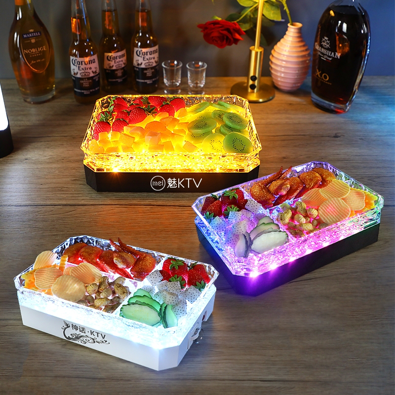 Bar Led Ice-Pattern Frozen Fruit Tray Ktv Special Luminous Fruit Plate Three-Compartment Tray Rechargeable Snack Tray