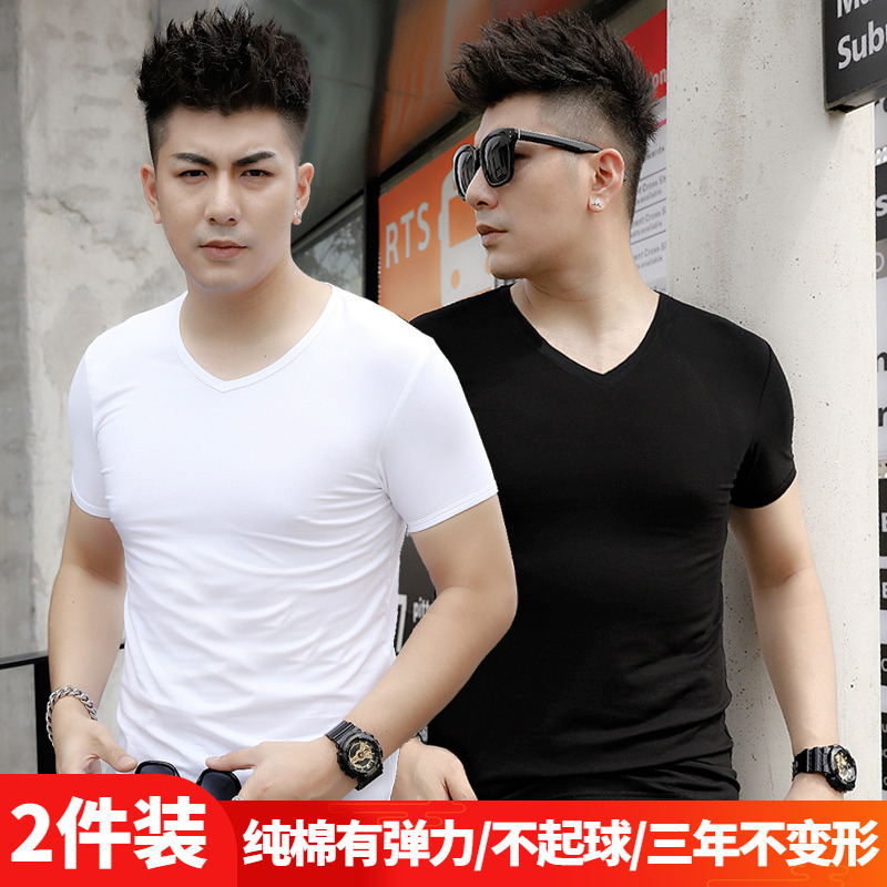2-Pack Short-Sleeve T-Shirts for Men, V-Neck, Solid Color, Summer Undershirts, Tight-Fitting, Crew Neck, Pure Cotton, White Base Shirt for Men