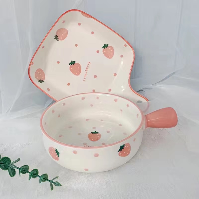Baking Tray, Nordic Style Tableware, Ceramic Plate, Microwave-Safe, Internet-Famous Hand-Painted Strawberry (Handle Bowl + Handle Plate)