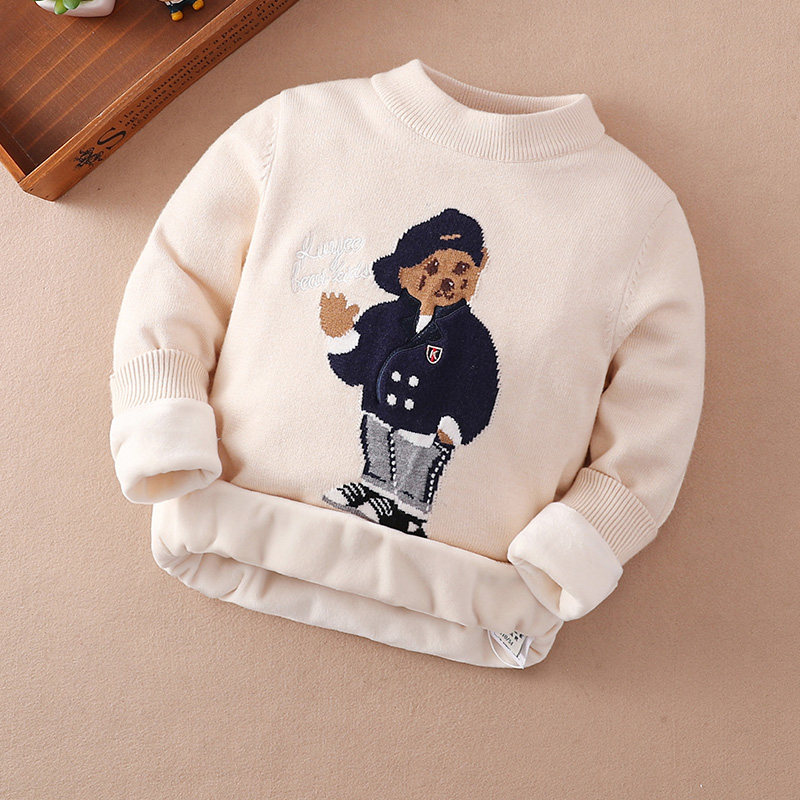 Children's sweater boy's pullover autumn and winter style plus velvet thickening middle and big children's warm baby knitted bottoming shirt bear boy