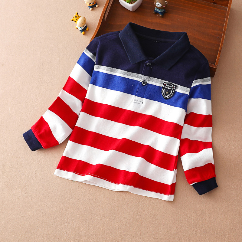 College wind boys dress long sleeve t shirt 2023 new big boy T - shirt rolled POLO shirt handsome striped blouse