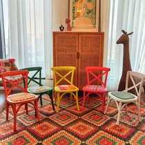 Childrens personality color back fork chair Solid wood book chair Small handmade chair shoe chair Living room kindergarten game stool